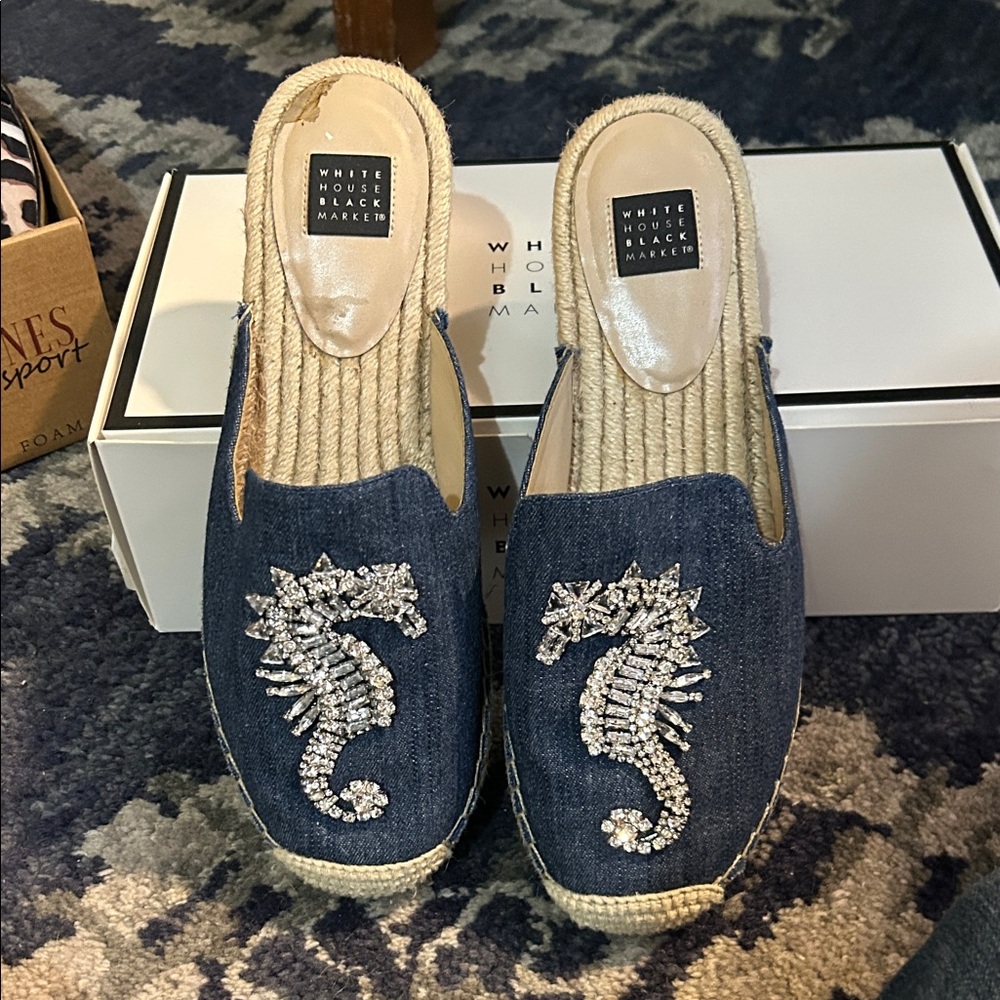 White House Black Market Navy Denim Seahorse Embellished Espadrille Mules